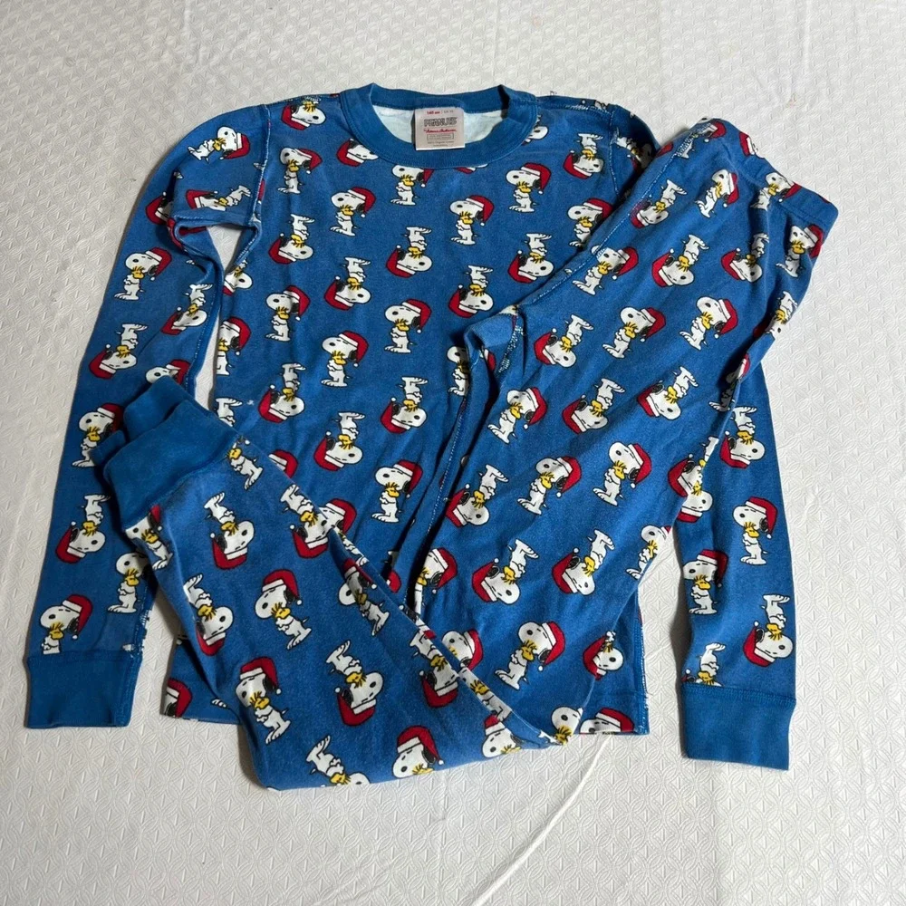 Hanna Andersson 140 (10) Peanuts Snoopy Christmas Long John Pajamas Blue Organic
